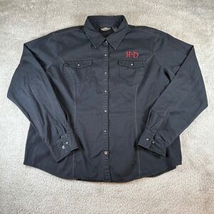 Vintage Y2K Harley-Davidson Button Up Shirt Women's XXL Black Embroidered Flames